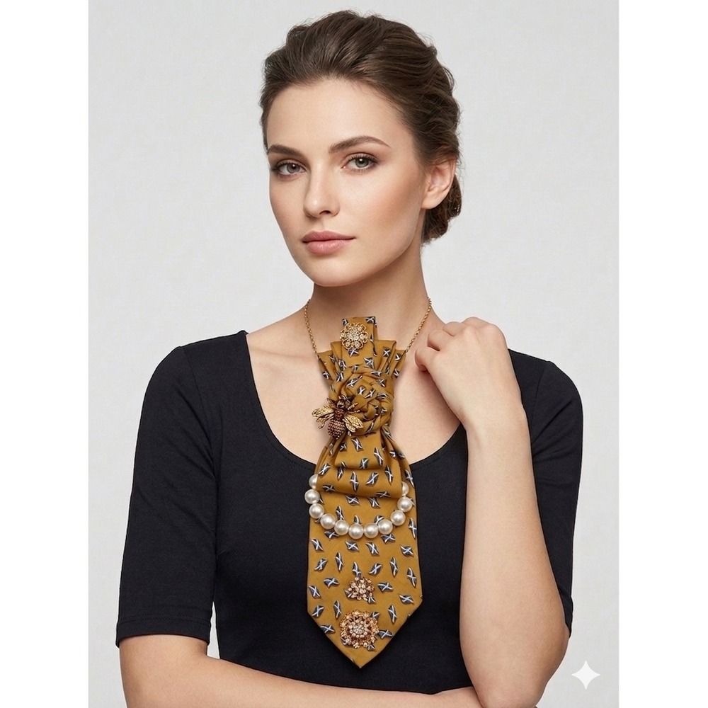 Beaufort Silk Tie Statement Necklace Jeweled Bee Pearl Embellished &Bracelet Set